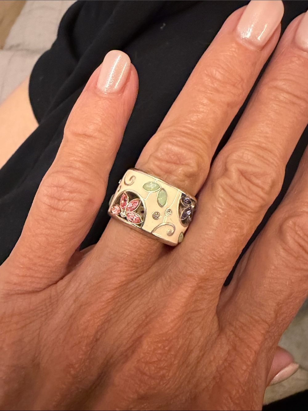 Brighton Cream Enamel Floral Wide Band Ring with Pink, Purple & Green Accents
